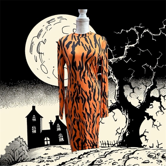 SHEIN sz LG long sleeve tiger print midi dress stretchy Halloween costume - Picture 1 of 8